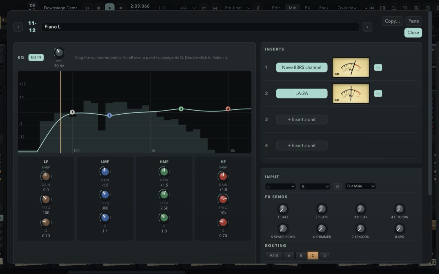 The full channel with the large EQ over the live analyser