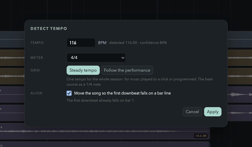 Detect tempo: 116 BPM, steady or following the performance