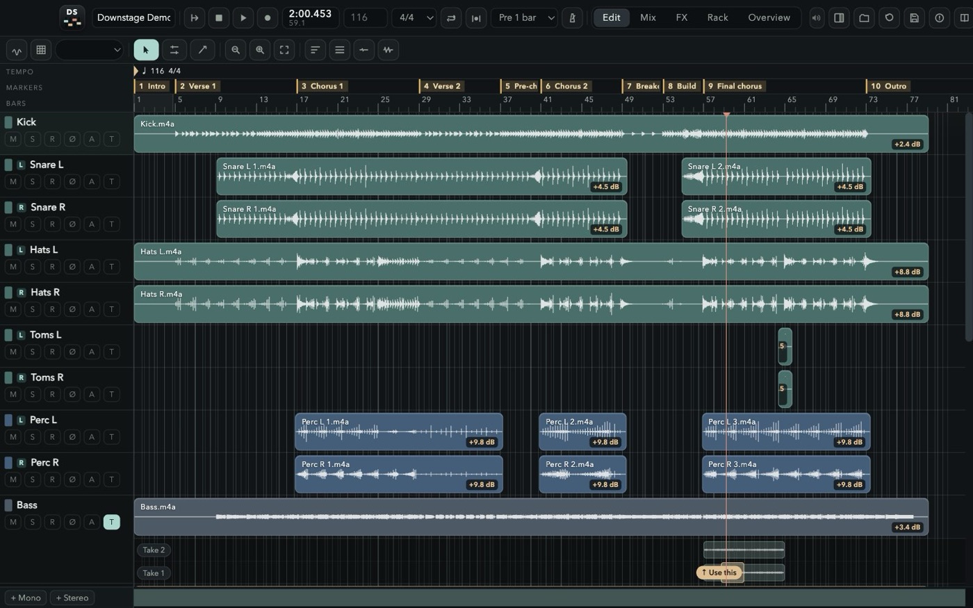 Takes stacked under the bass in the Edit window, a range picked on Take 1