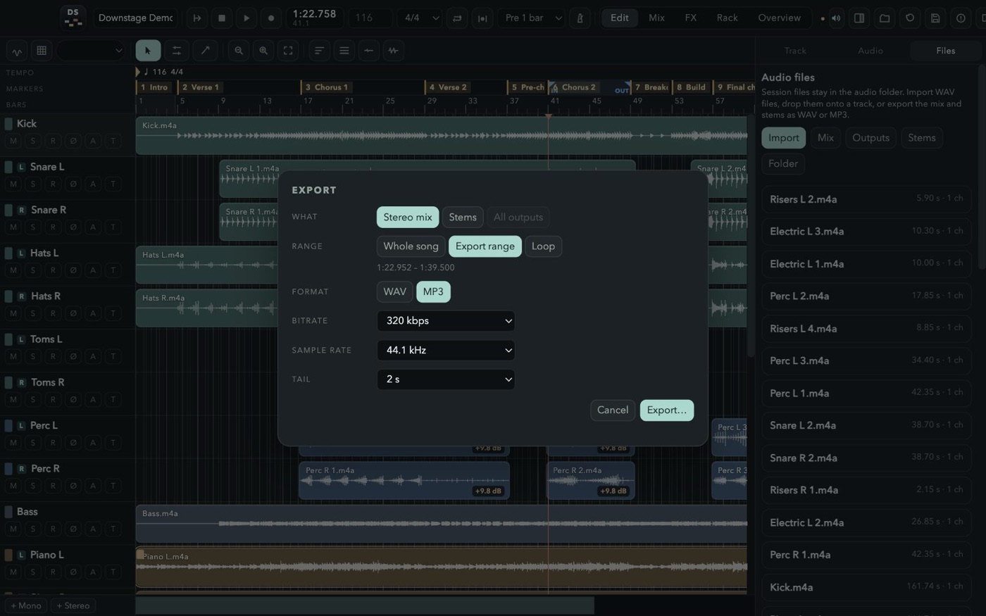 The export dialog set to an MP3 of the export range