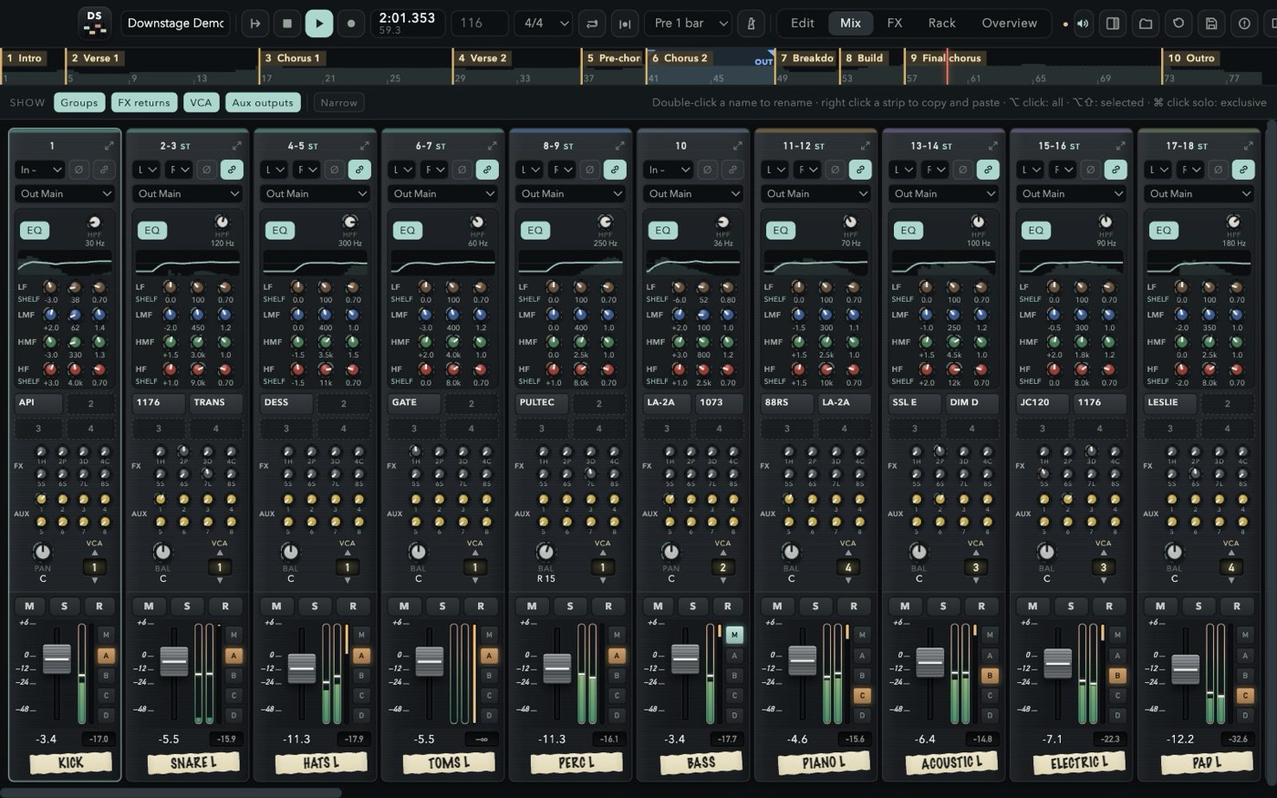 The Downstage console: channel strips with EQ, inserts, sends, VCA selectors and faders