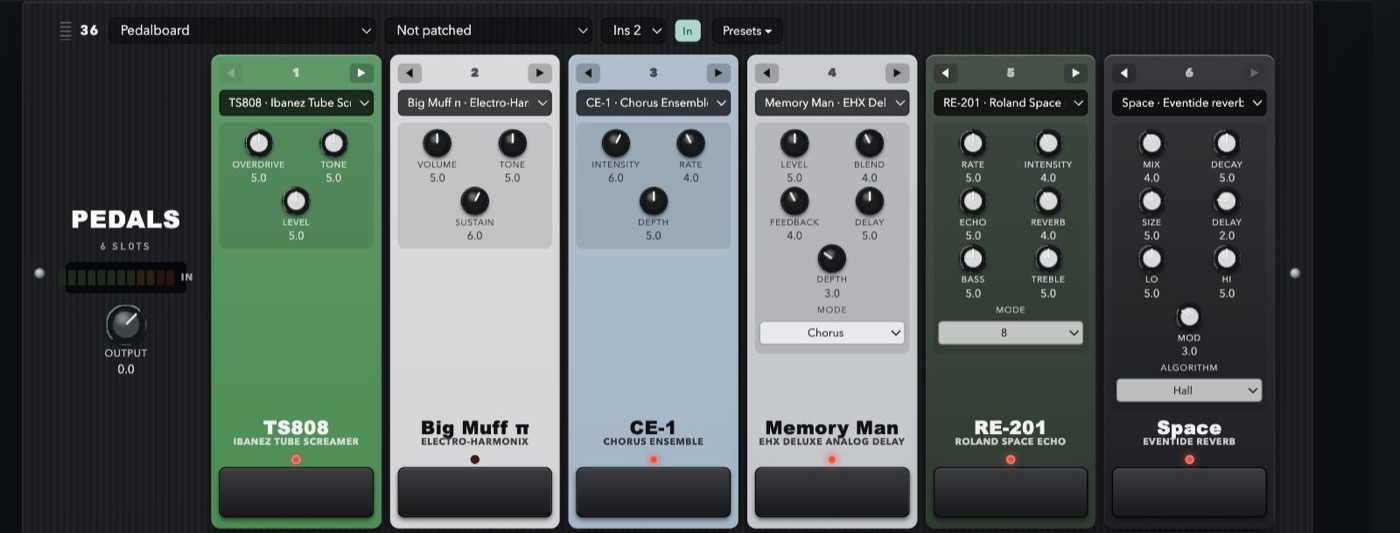 The pedalboard: TS808, Big Muff, CE-1, Memory Man, RE-201 and Eventide Space in six slots