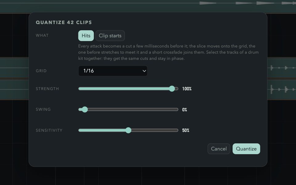 Quantize: hits or clip starts, grid, strength, swing