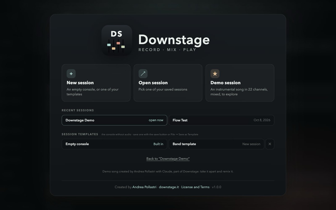 The sessions screen: new session from a template, recent sessions and the demo song